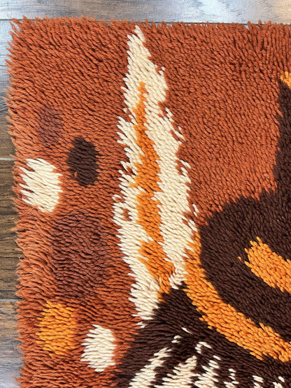 Rya Shag Rug 2x4, Rabbit in Top Hat, Wool, Orange, Vintage 1960s Danish Shag Rug