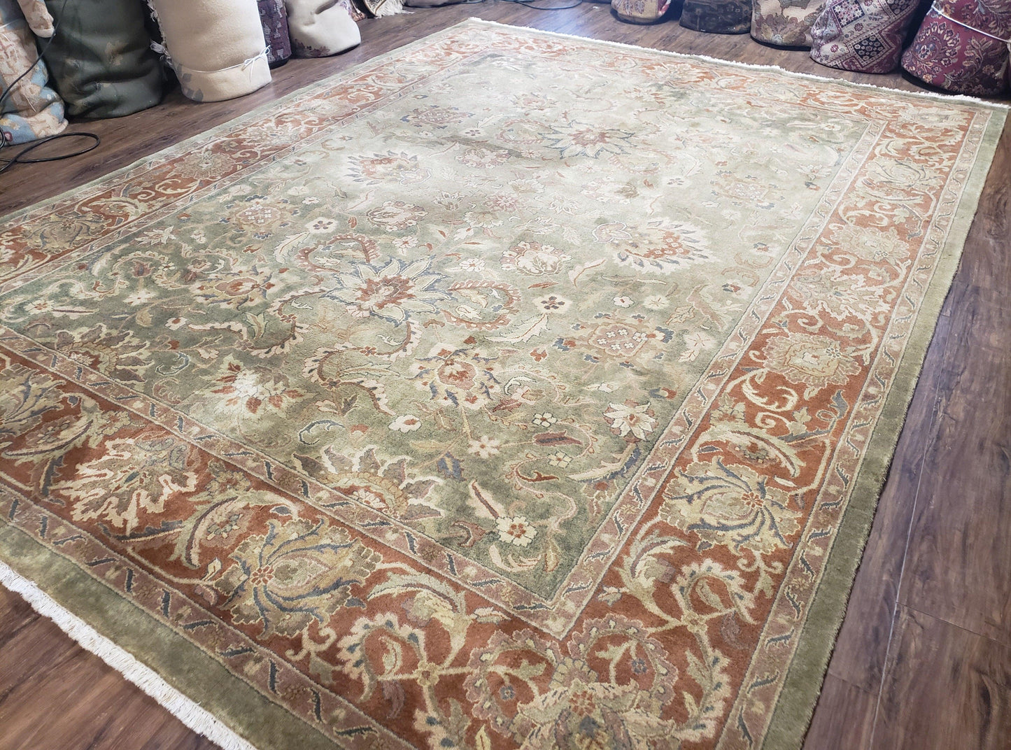 Vintage Indo Mahal Area Rug 9x12, Wool Hand-Knotted Laurel Green & Auburn Indian Carpet, 9 x 12 Floral Carpet, Living Room Rug