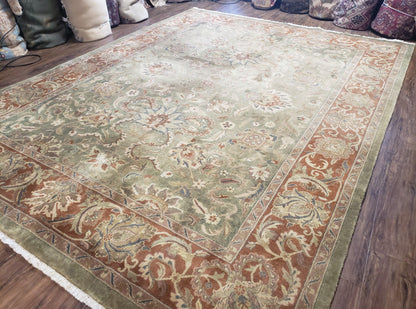 Vintage Indo Mahal Area Rug 9x12, Wool Hand-Knotted Laurel Green & Auburn Indian Carpet, 9 x 12 Floral Carpet, Living Room Rug