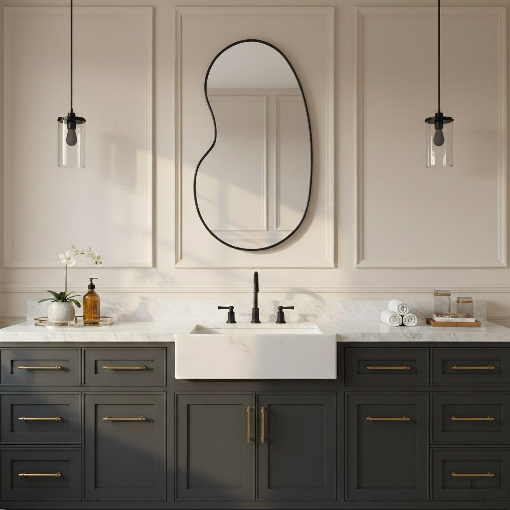 Black kidney mirror above gray vanity.