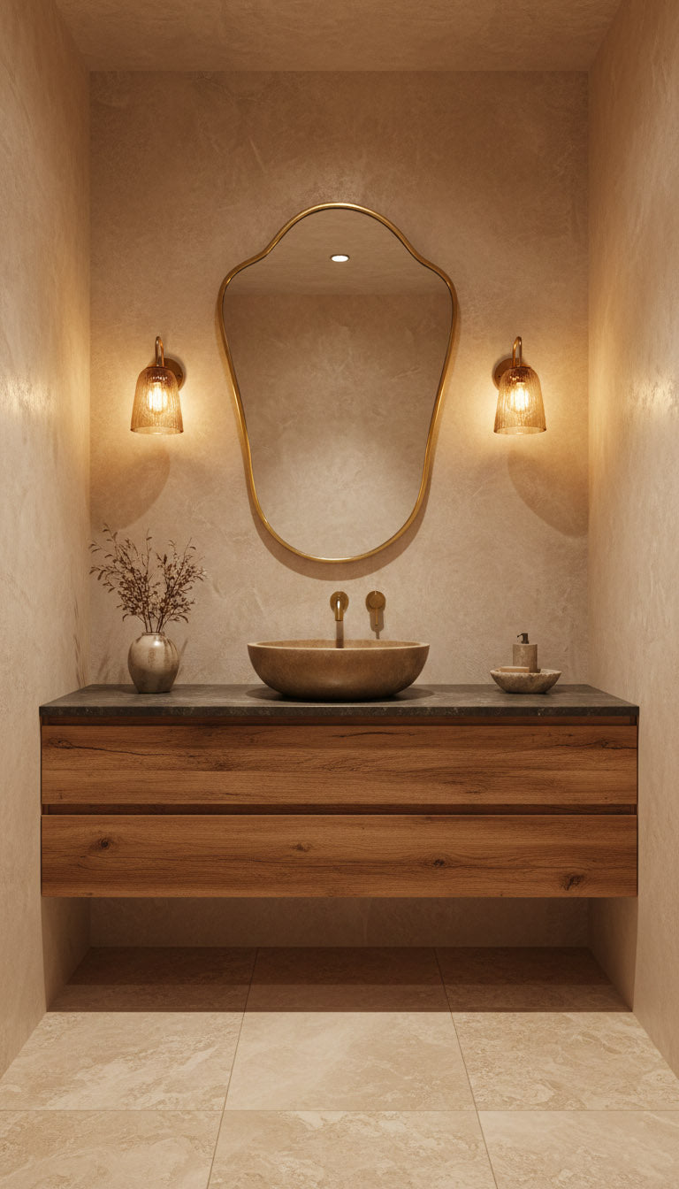 Shield brass mirror above marble vanity in modern bathroom