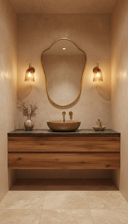 Shield brass mirror above marble vanity in modern bathroom