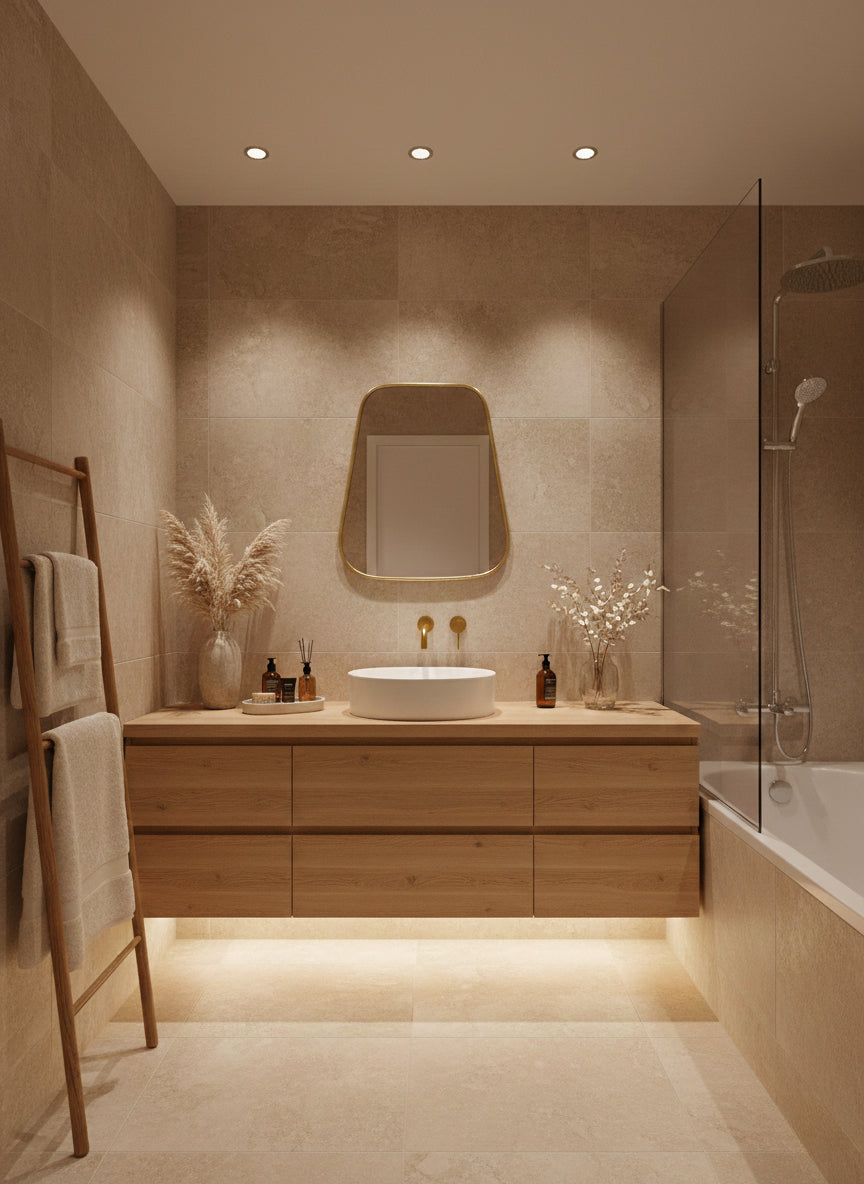 Triangle brass mirror above wooden bathroom vanity