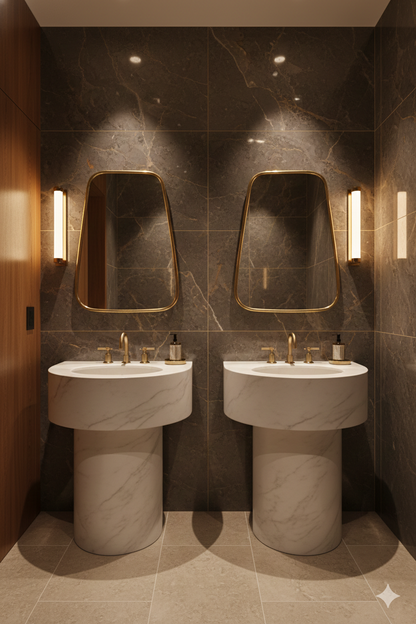 Double brass mirrors above marble sinks