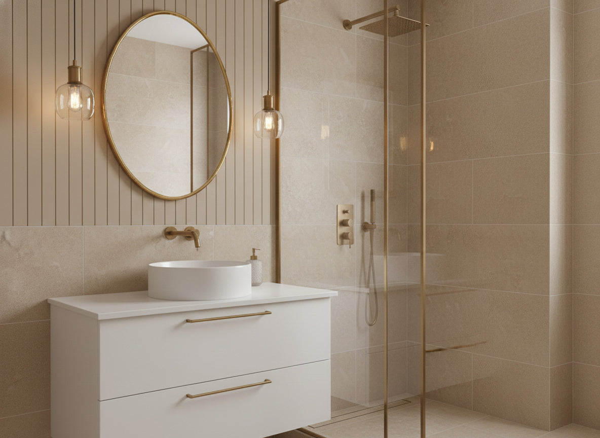 Round brass framed mirror above a marble top and dark blue vanity.