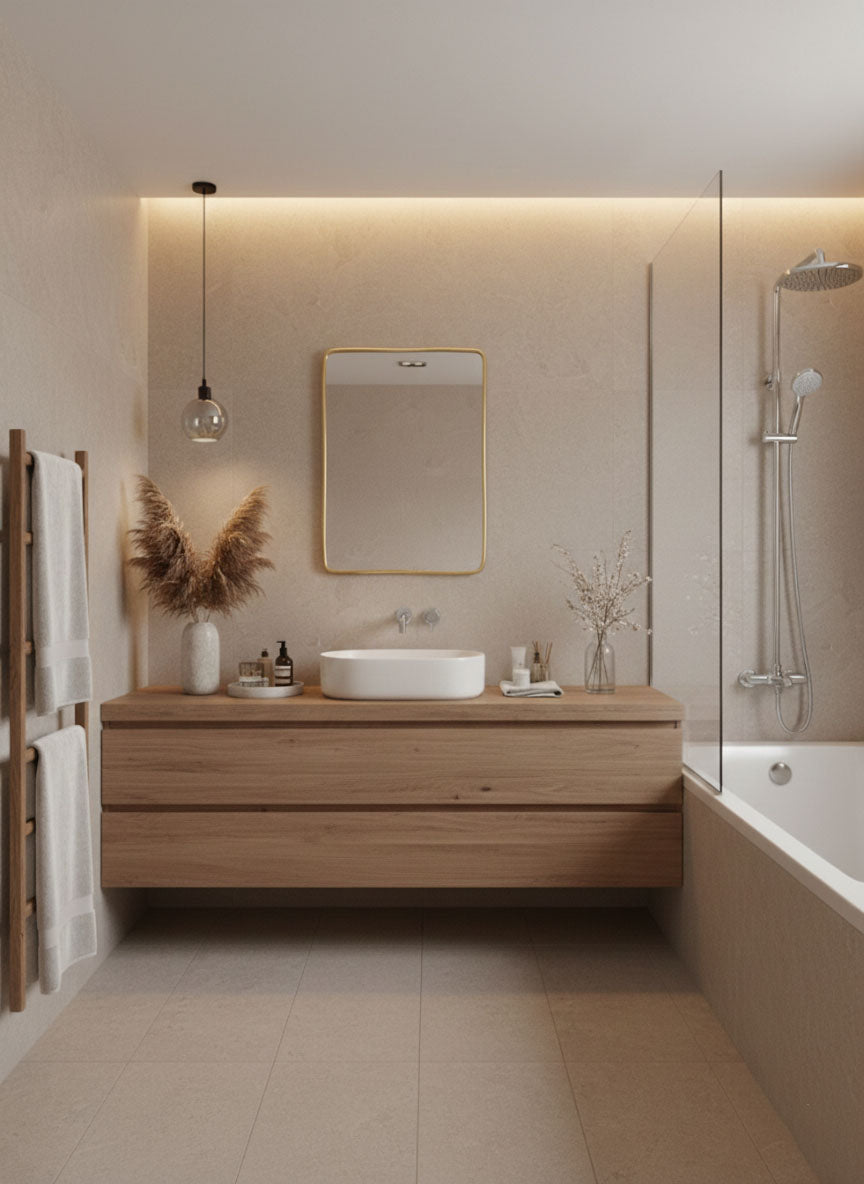 Rectangular brass mirror above wooden bathroom vanity.