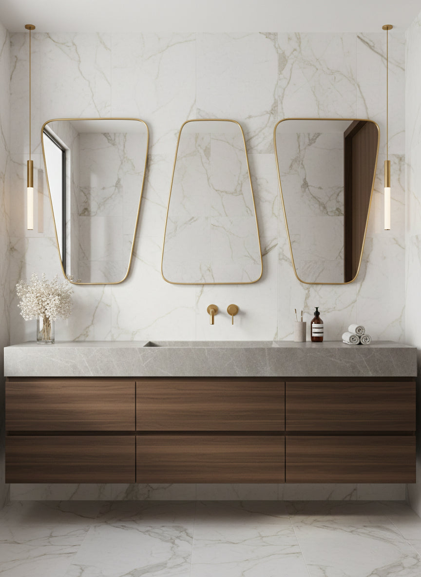 Triple brass mirrors above marble vanity