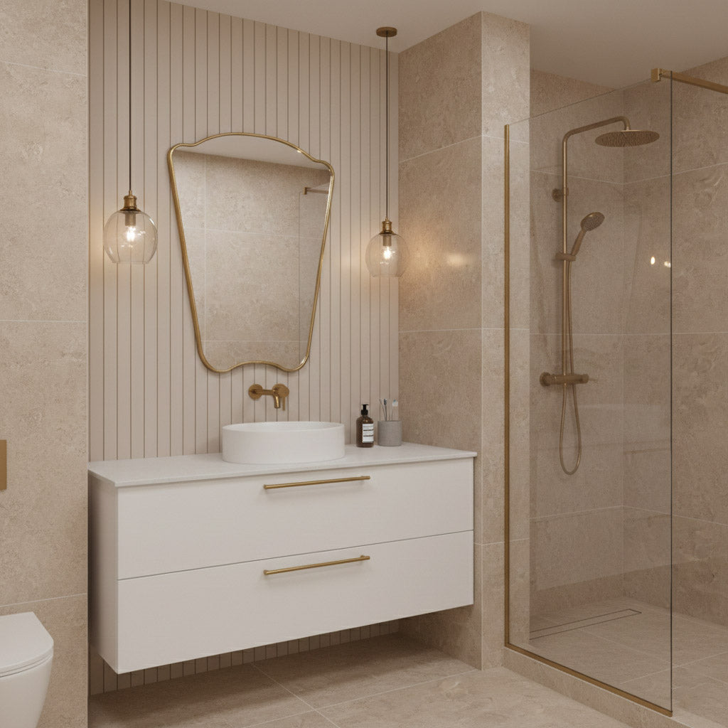 Italian style irregular brass mirror above floating white bathroom vanity