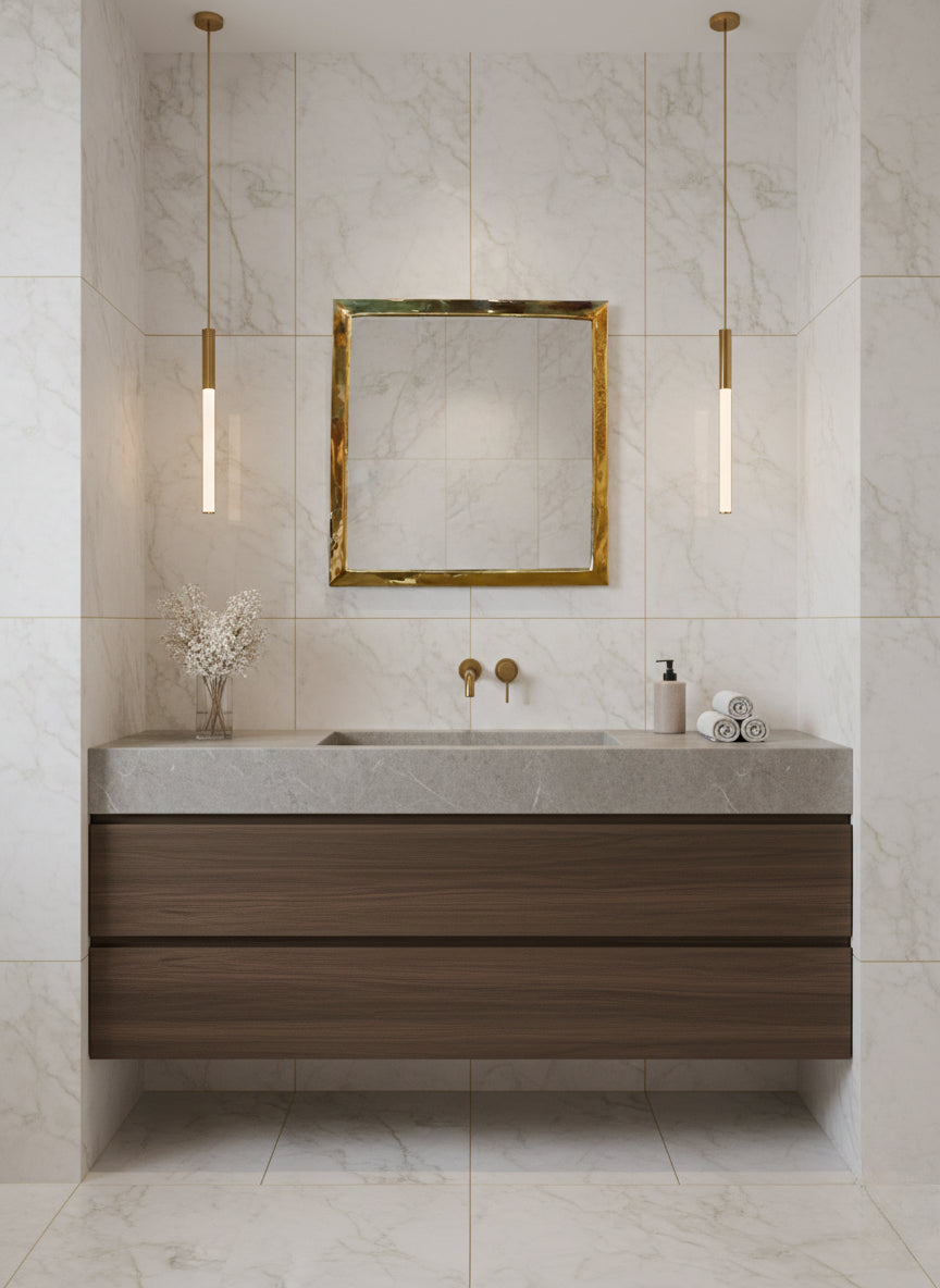 Minimal marble bathroom with square brass mirror and pendant lights