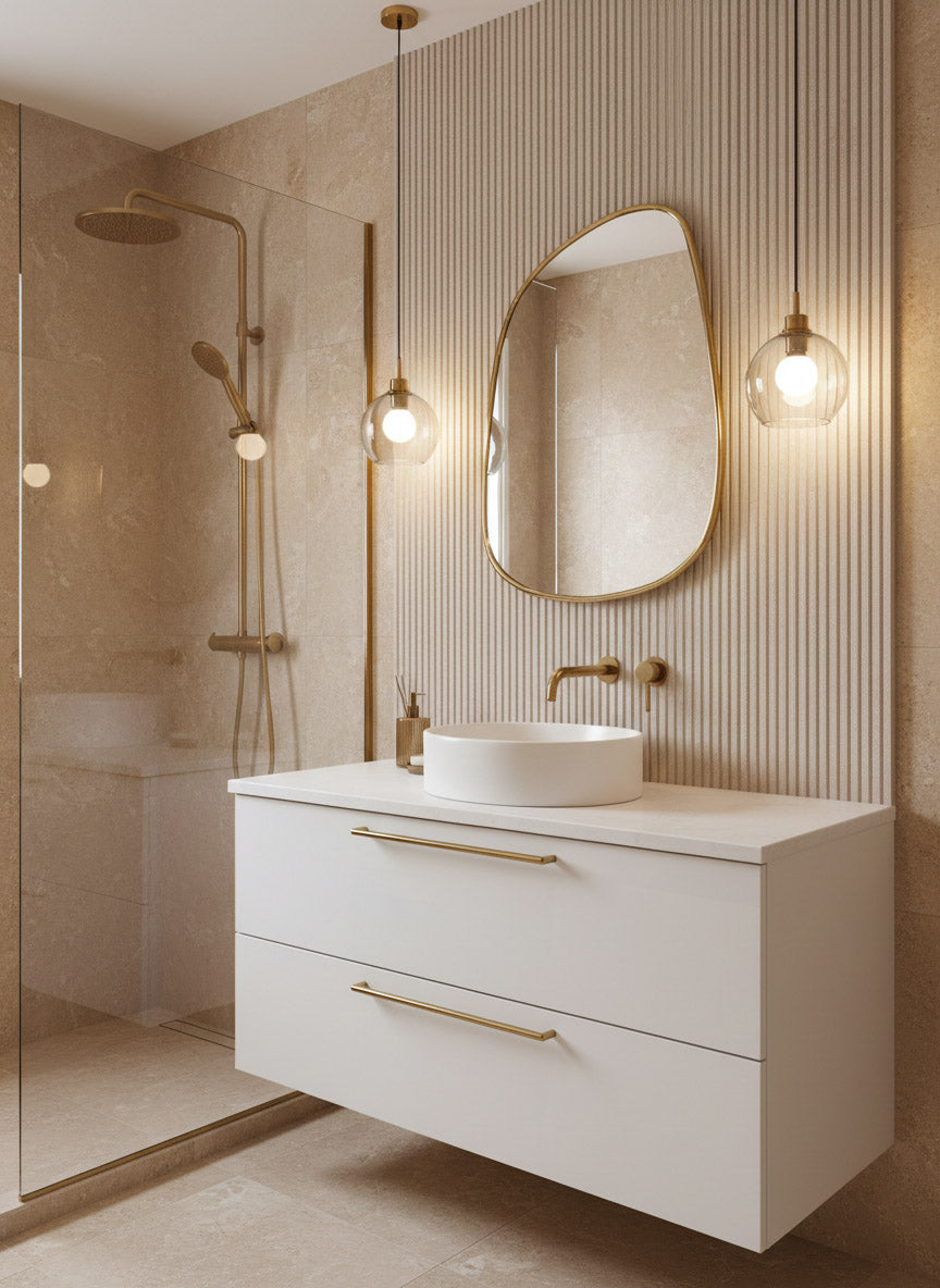  Asymmetrical brass mirror above white floating vanity.
