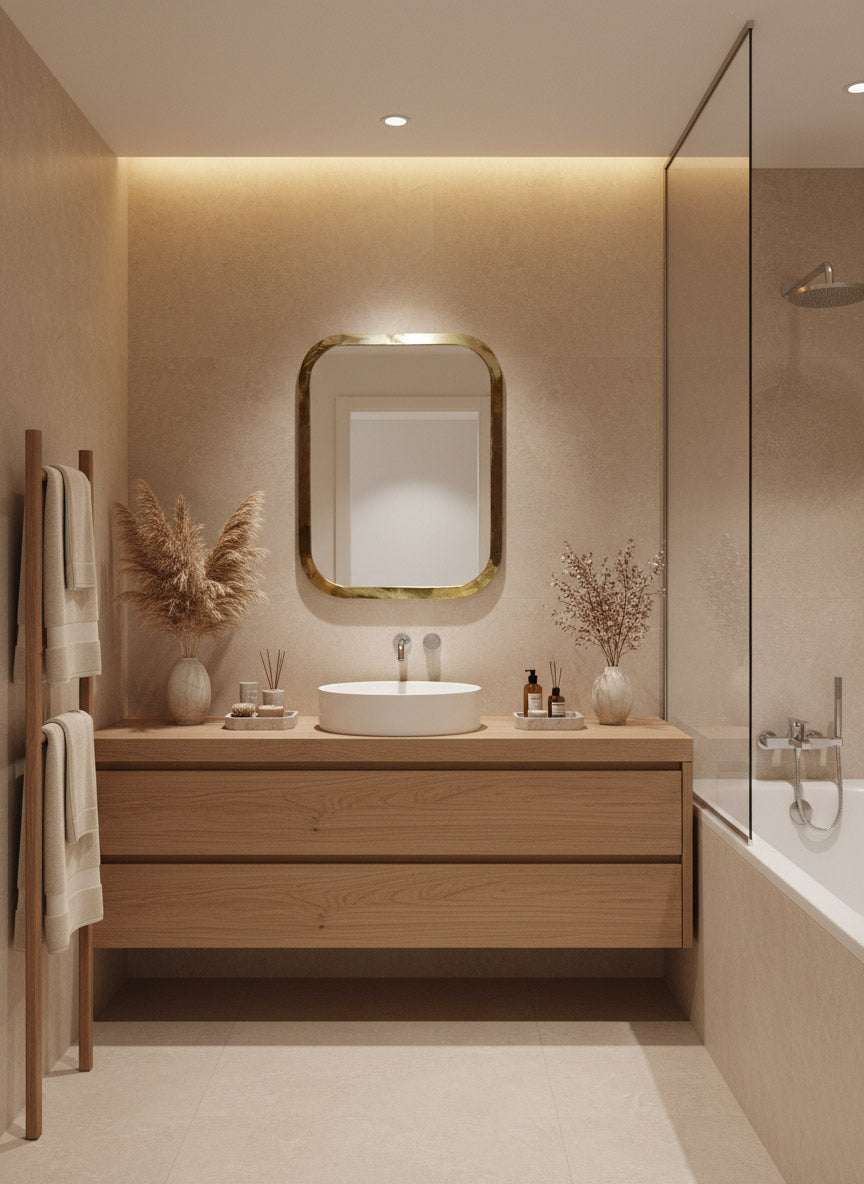 Rounded rectangular brass mirror above wooden bathroom vanity
