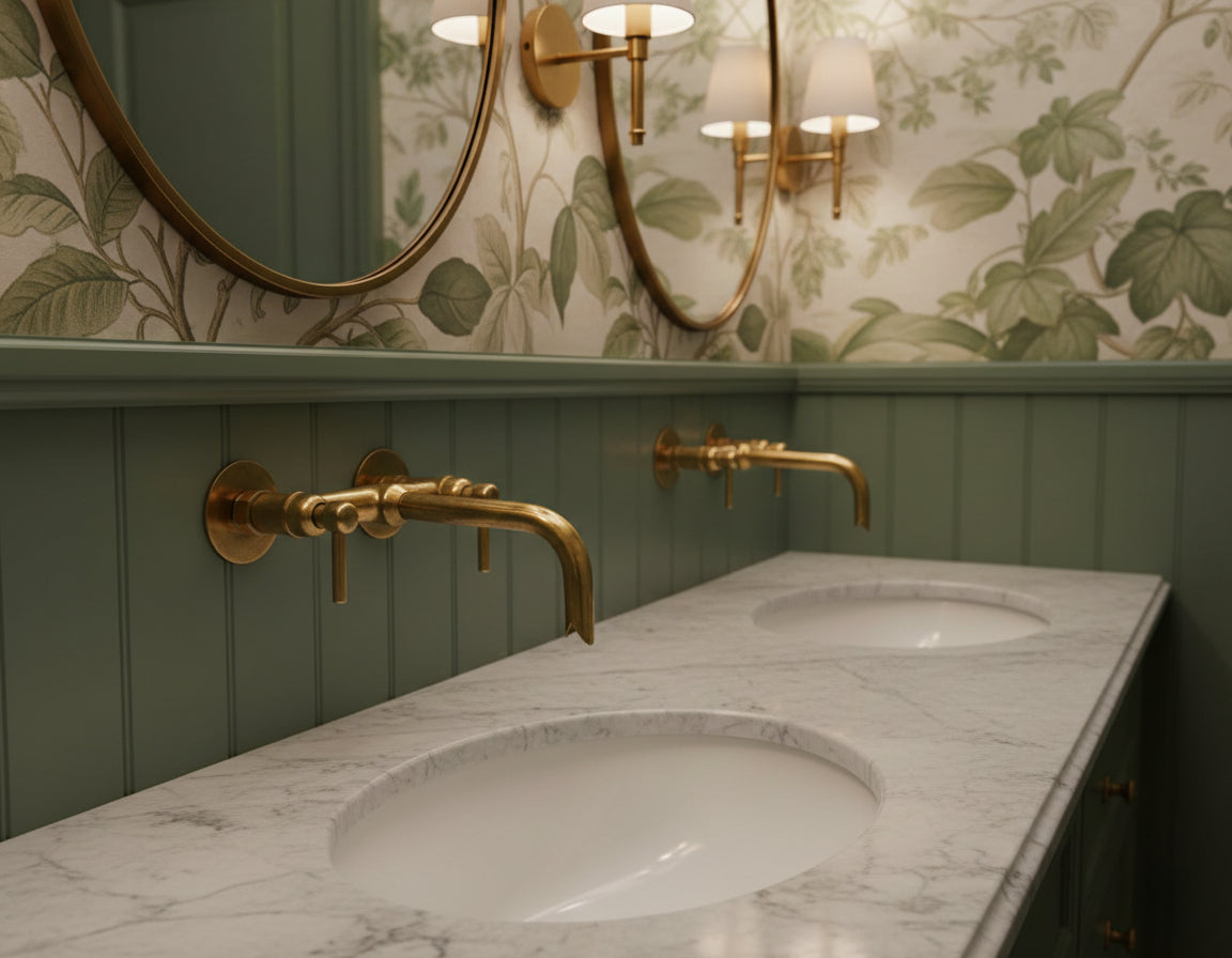 Double marble vanity with wall-mounted brass faucets and round mirrors.