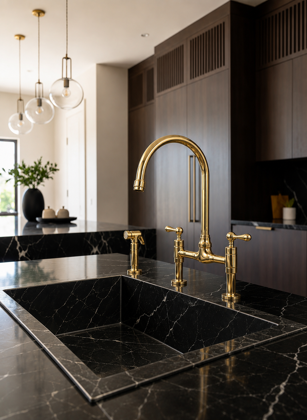 A polished gold bridge faucet with a high-arc spout and two separate handles, installed in a black marble kitchen sink with a matching black marble countertop.
