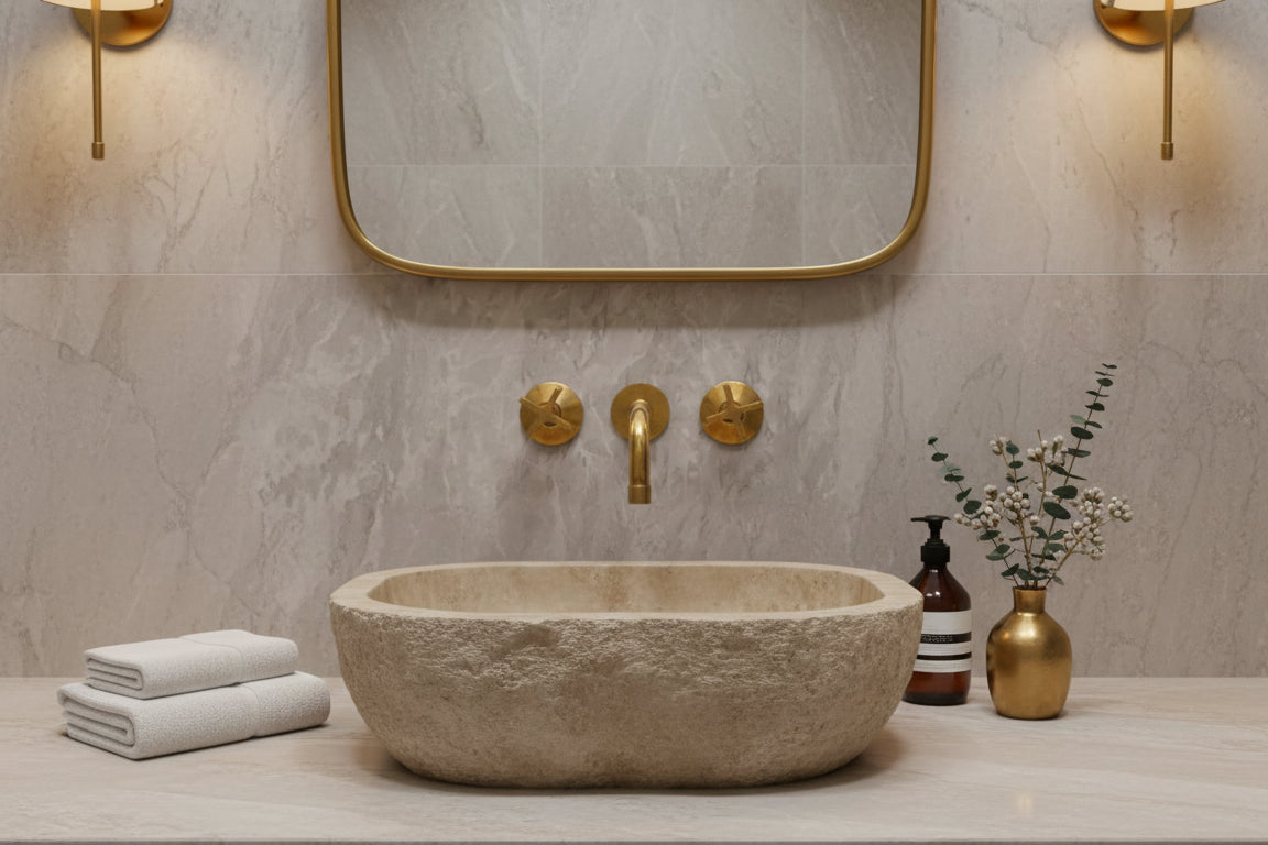 Textured stone basin with brass wall faucet, marble backsplash, and decorative accents.
