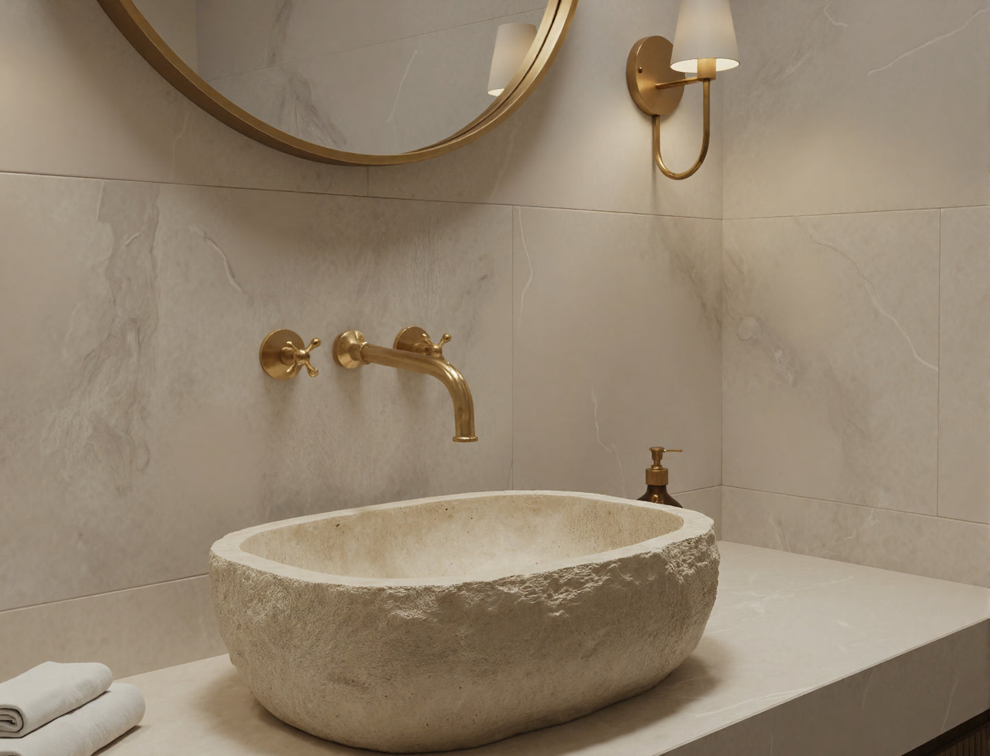 Oval stone sink with brushed brass wall faucet and round mirror