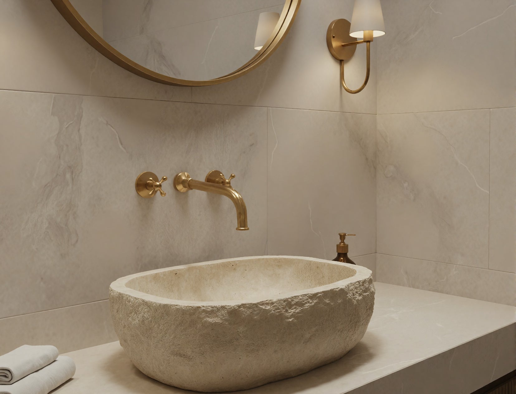 Oval stone sink with brushed brass wall faucet and round mirror