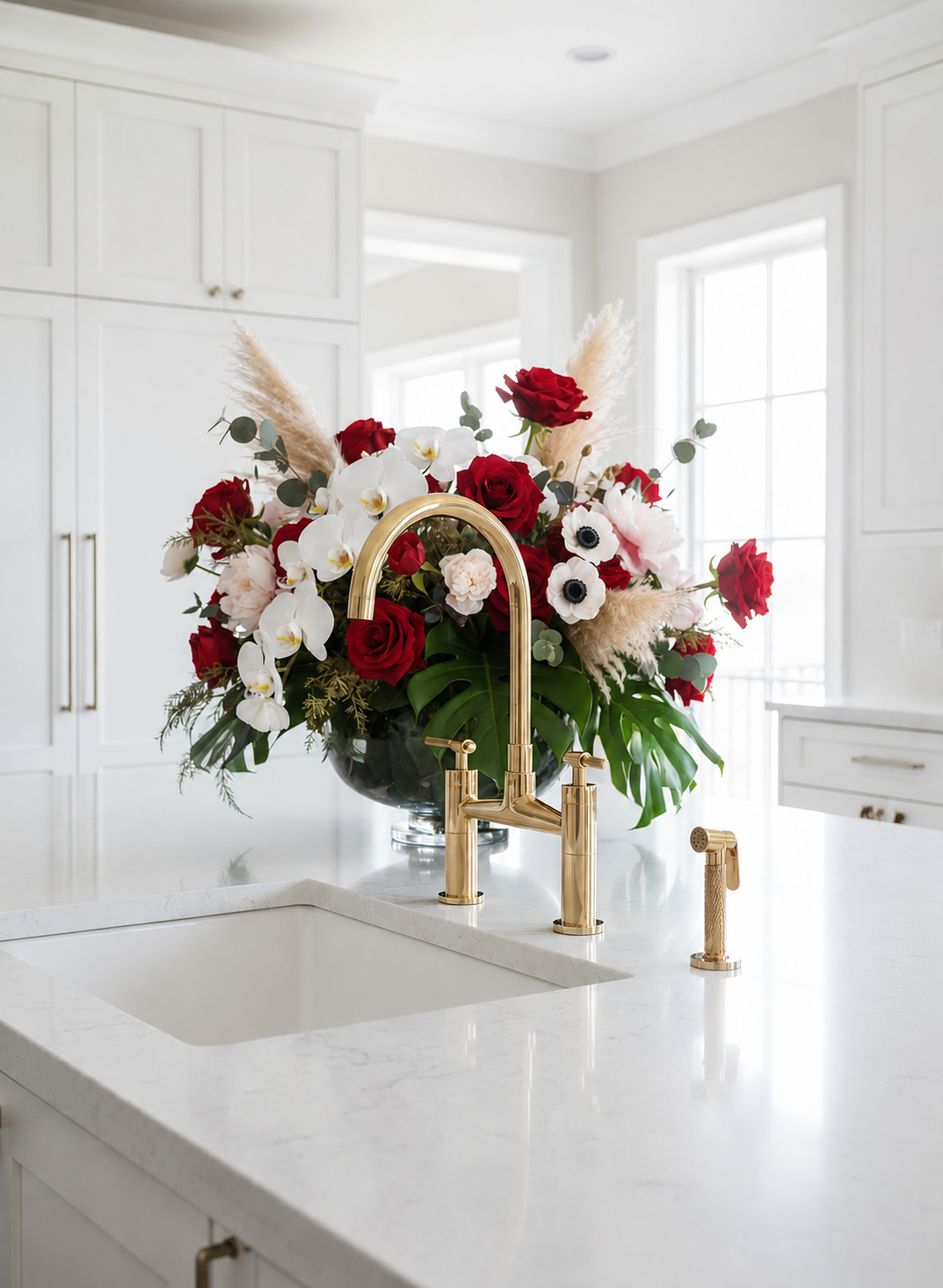 Luxury unlacquered brass bridge kitchen faucet with matching side sprayer displayed in a bright white kitchen with an elegant red and white floral arrangement.
