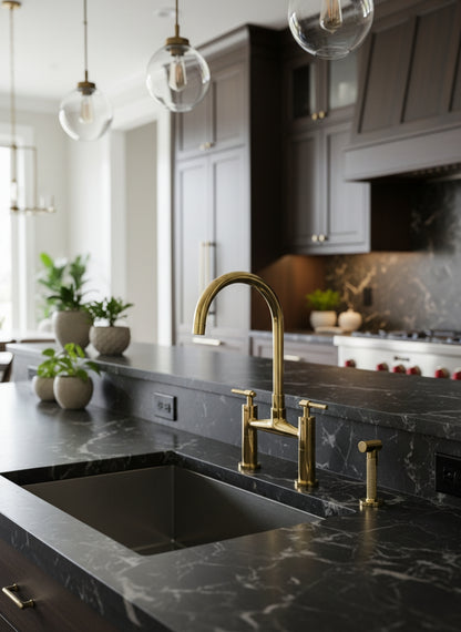 Solid brass bridge kitchen faucet with side sprayer installed on a black marble waterfall countertop in a contemporary luxury kitchen.