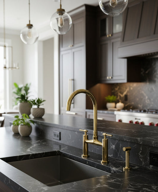 Solid brass bridge kitchen faucet with side sprayer installed on a black marble waterfall countertop in a contemporary luxury kitchen.