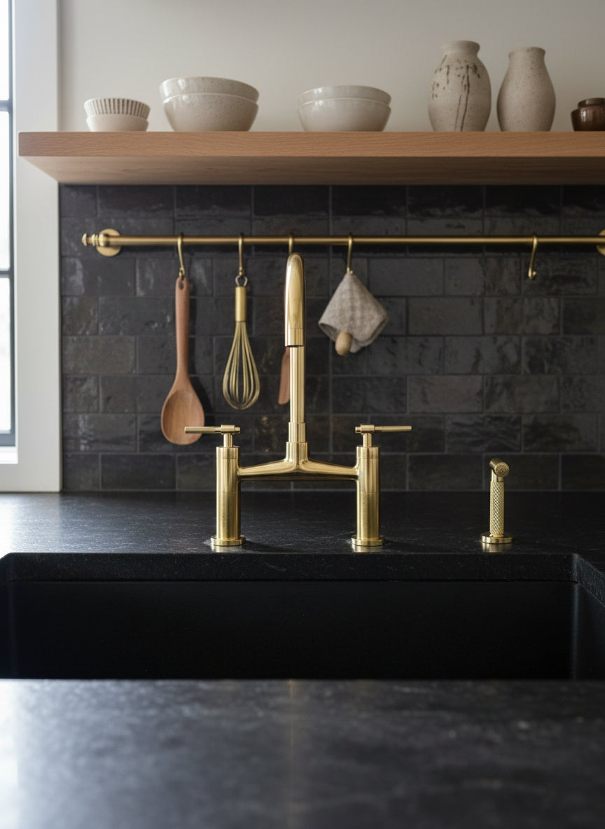 Unlacquered brass bridge kitchen faucet with matching side sprayer installed on a black sink with dark subway tile backsplash and brass hanging rail.