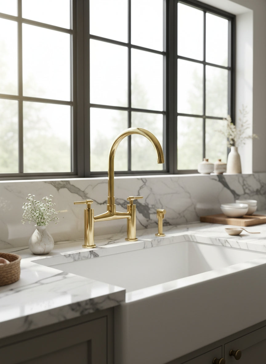 Luxury solid brass bridge kitchen faucet with side sprayer installed on a white farmhouse sink with marble countertops and large black-framed windows.