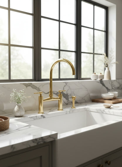 Luxury solid brass bridge kitchen faucet with side sprayer installed on a white farmhouse sink with marble countertops and large black-framed windows.