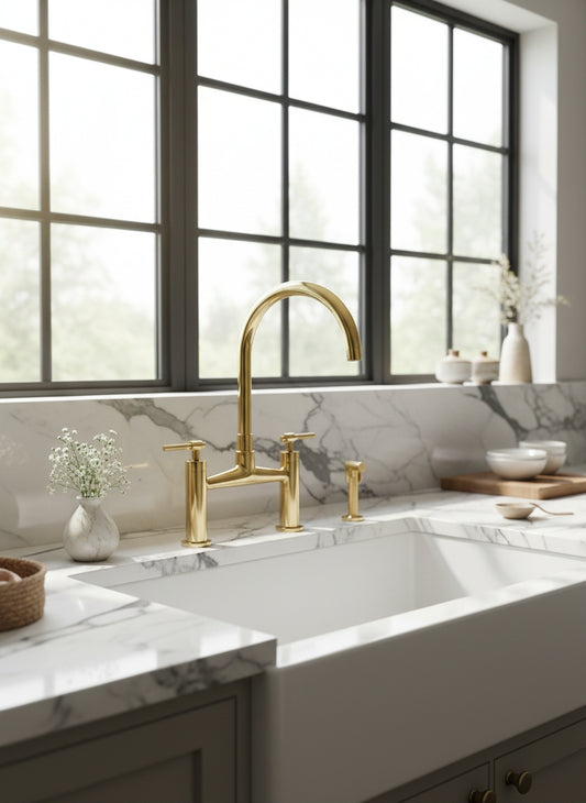 Luxury solid brass bridge kitchen faucet with side sprayer installed on a white farmhouse sink with marble countertops and large black-framed windows.
