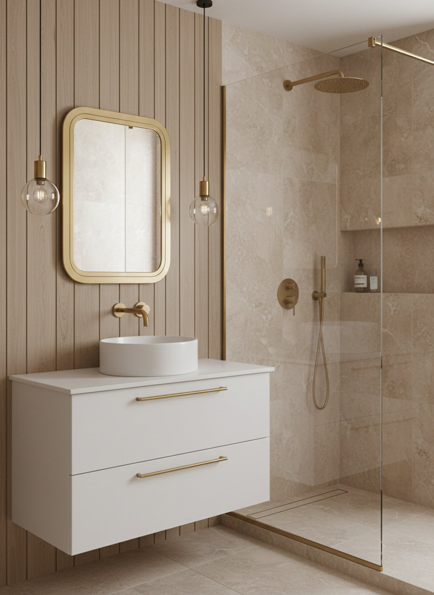 Rectangular brass bathroom mirror with wood panel wall and glass shower