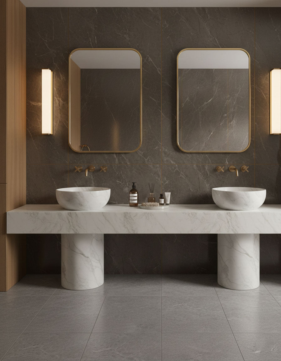 Rectangular brass wall mirror above double bathroom vanity