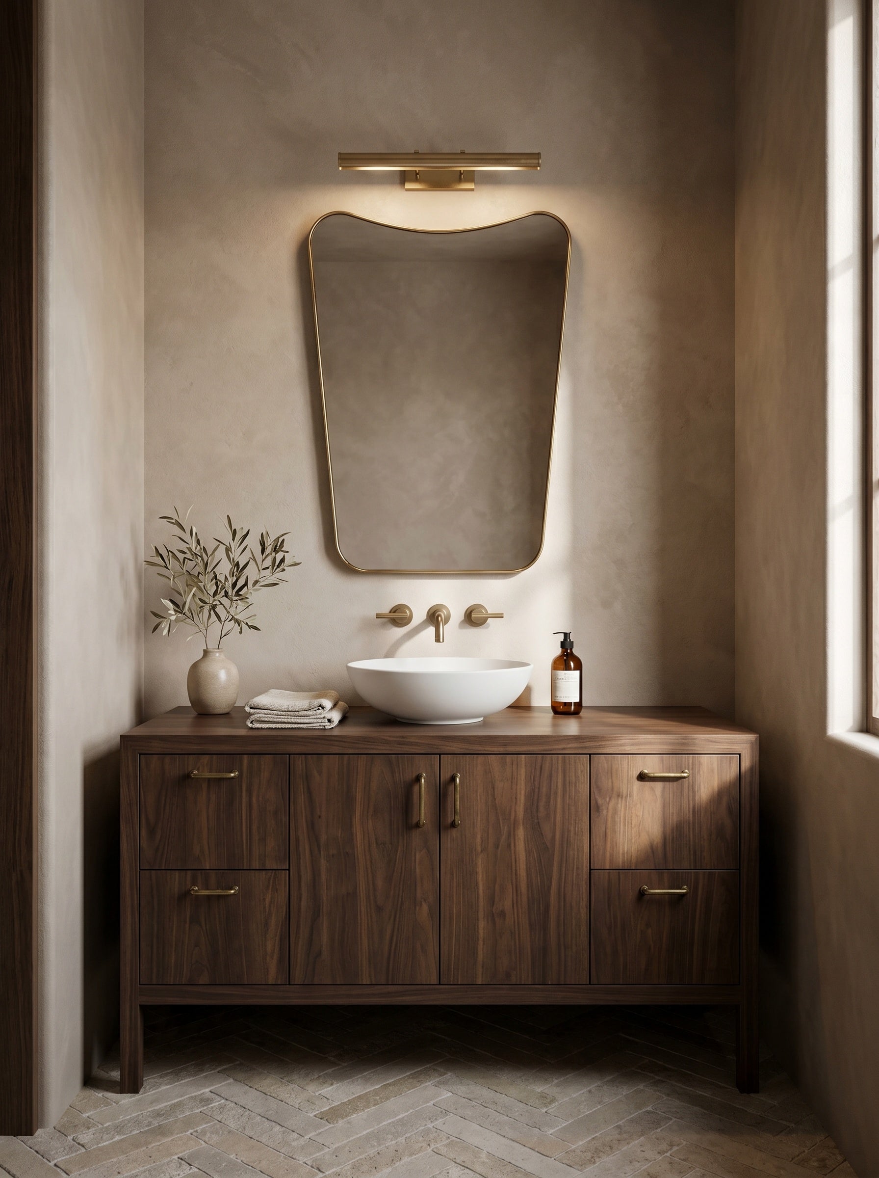 Modern brass wall mirror above walnut bathroom vanity