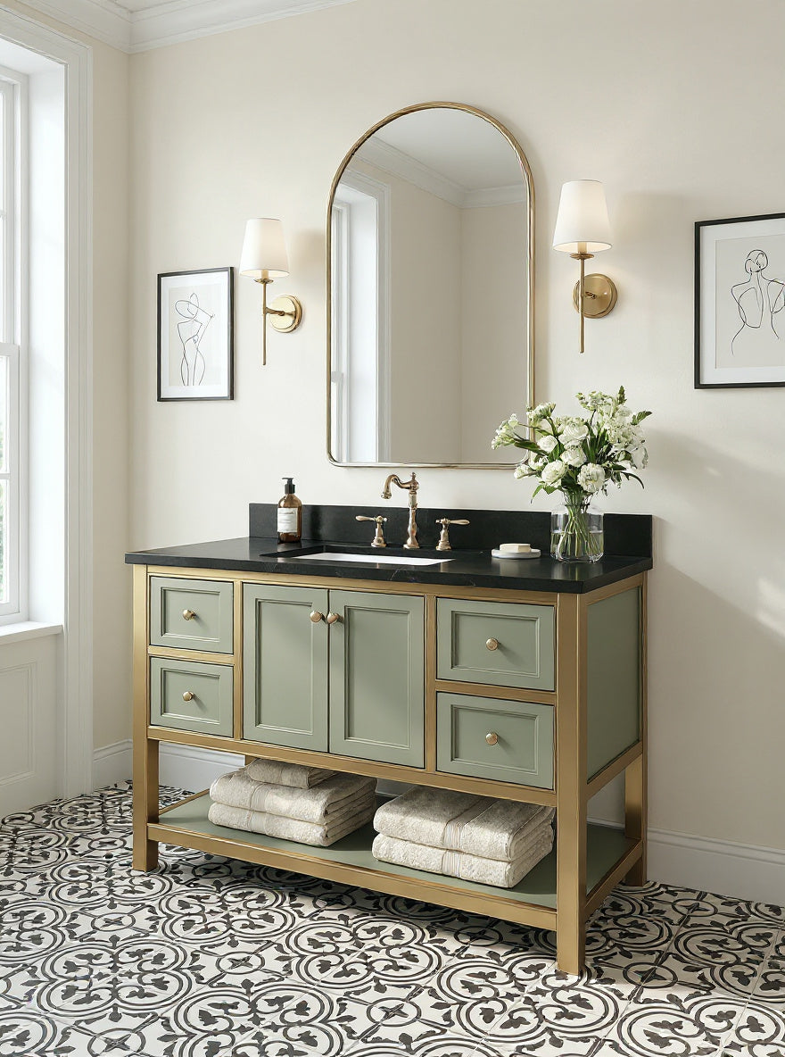 Elegant brass arch mirror above sage green vanity with patterned floor tiles