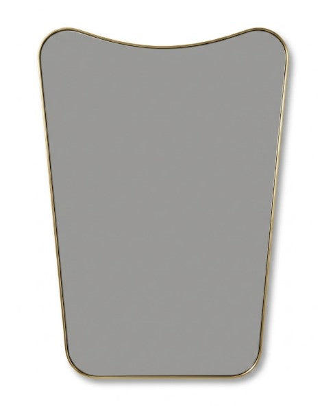 Asymmetrical brass framed wall mirror on white background