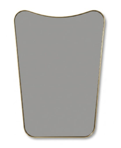 Asymmetrical brass framed wall mirror on white background