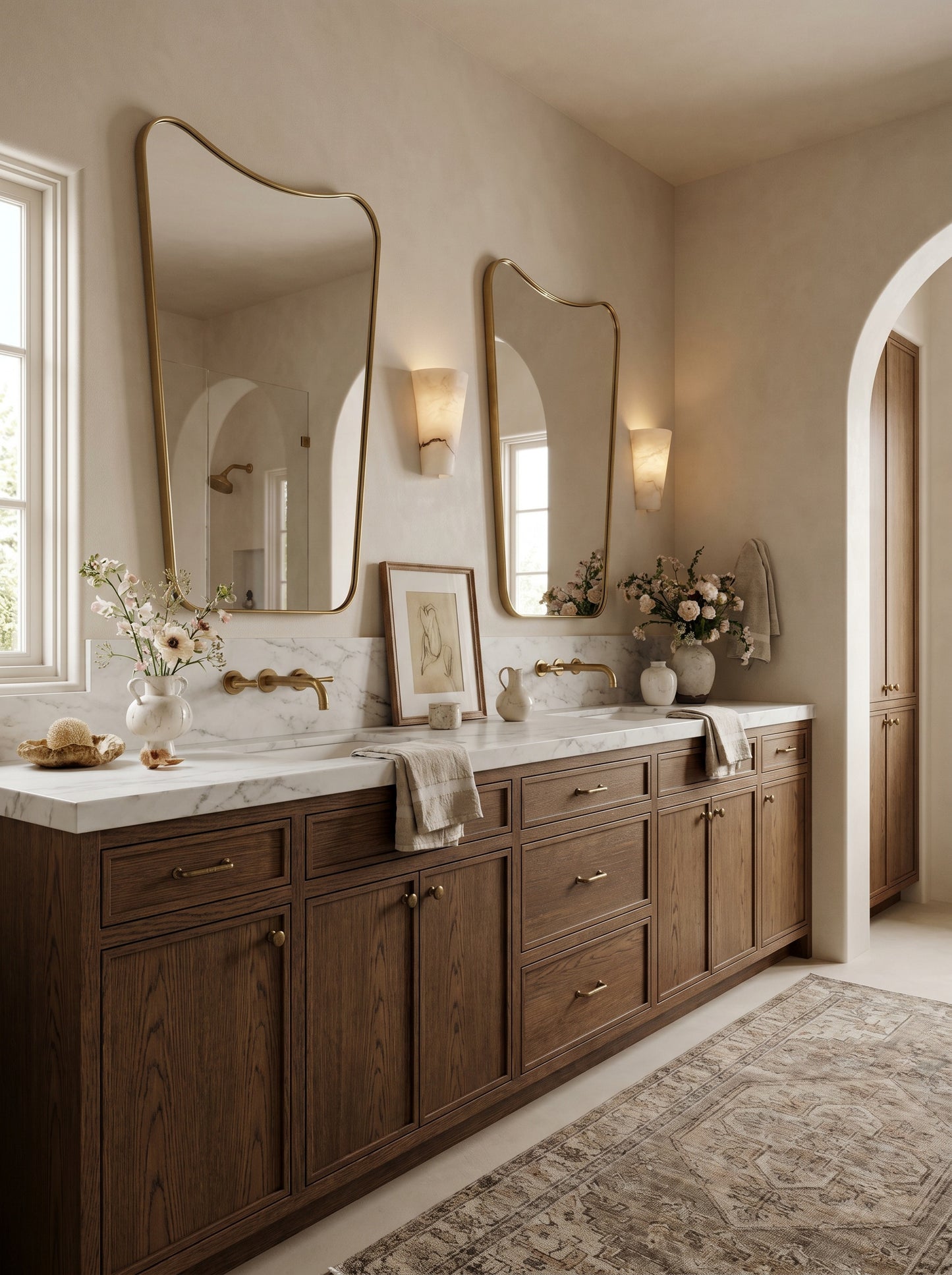 Double brass vanity mirrors with warm wood bathroom cabinet