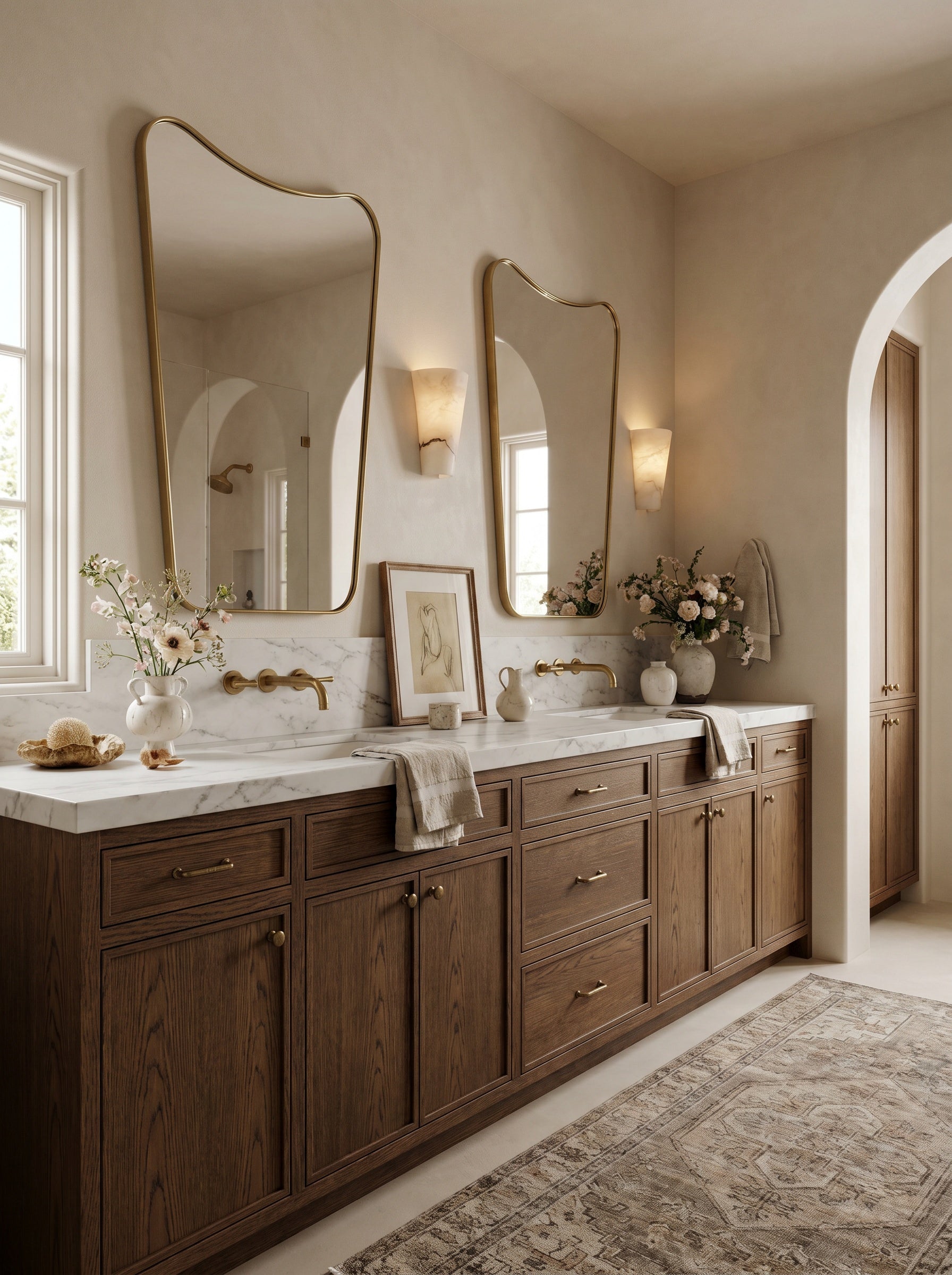 Double brass vanity mirrors with warm wood bathroom cabinet
