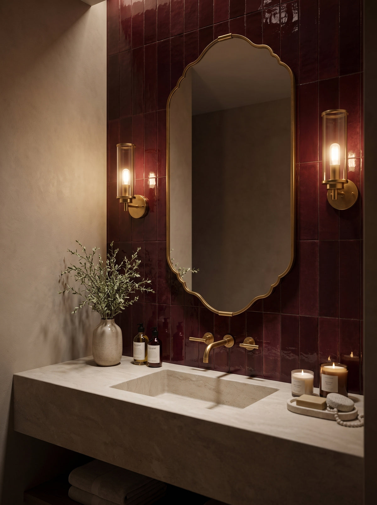 A luxury bathroom vanity setup featuring a large scalloped gold-framed mirror, dual gold wall sconces, a floating stone countertop with an integrated sink, and a deep burgundy tiled accent wall.