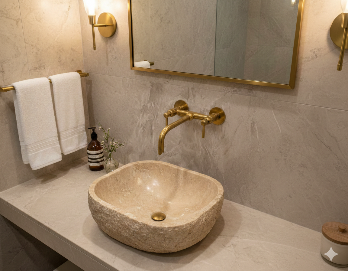 Minimal vanity with round ceramic basin and brushed brass wall faucet.