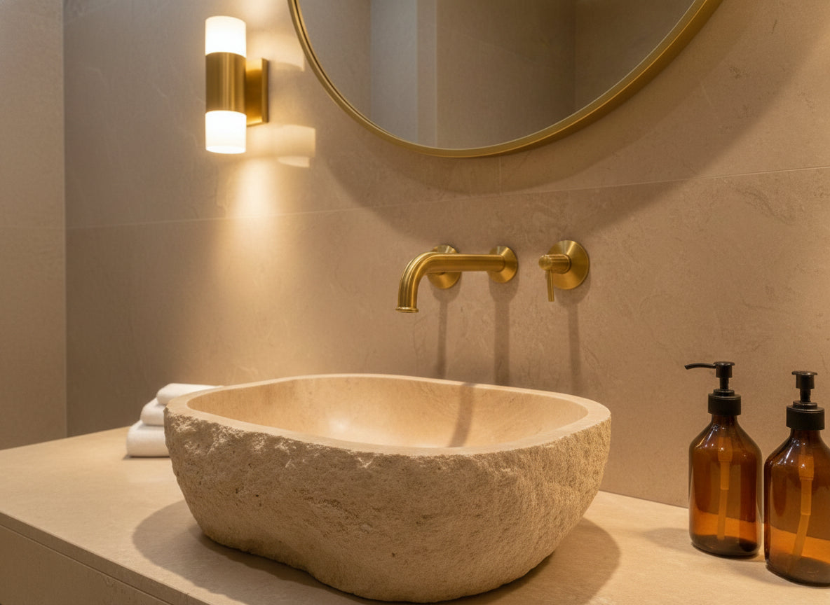 Textured stone sink with wall-mounted brass faucet and mirror