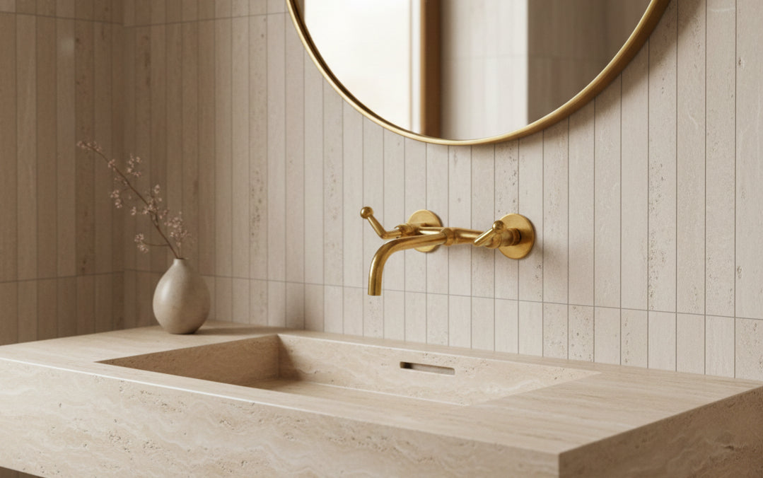 Modern brass wall faucet above integrated stone sink and round mirror.