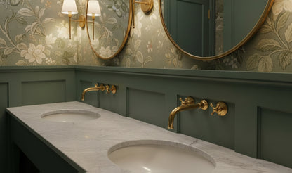 Double vanity with marble countertop and brass wall-mounted faucets