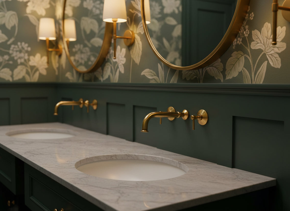 Double marble vanity with wall-mounted brass faucets and round mirrors