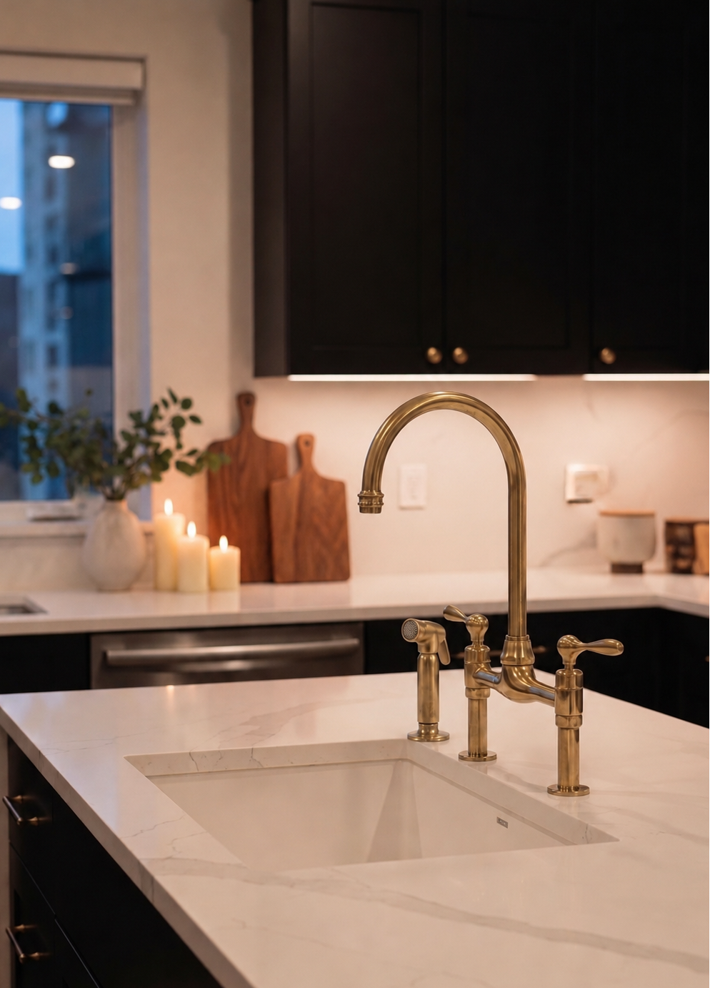 A modern kitchen scene featuring a polished brass three-hole faucet with a high-arc spout, mounted on a white marble countertop with an undermount sink. The background shows dark wood cabinets, a lit window, and decorative candles.