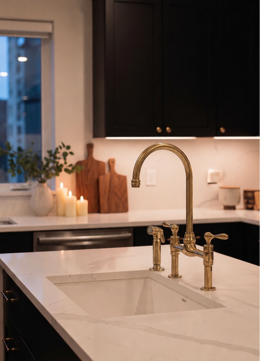 A modern kitchen scene featuring a polished brass three-hole faucet with a high-arc spout, mounted on a white marble countertop with an undermount sink. The background shows dark wood cabinets, a lit window, and decorative candles.