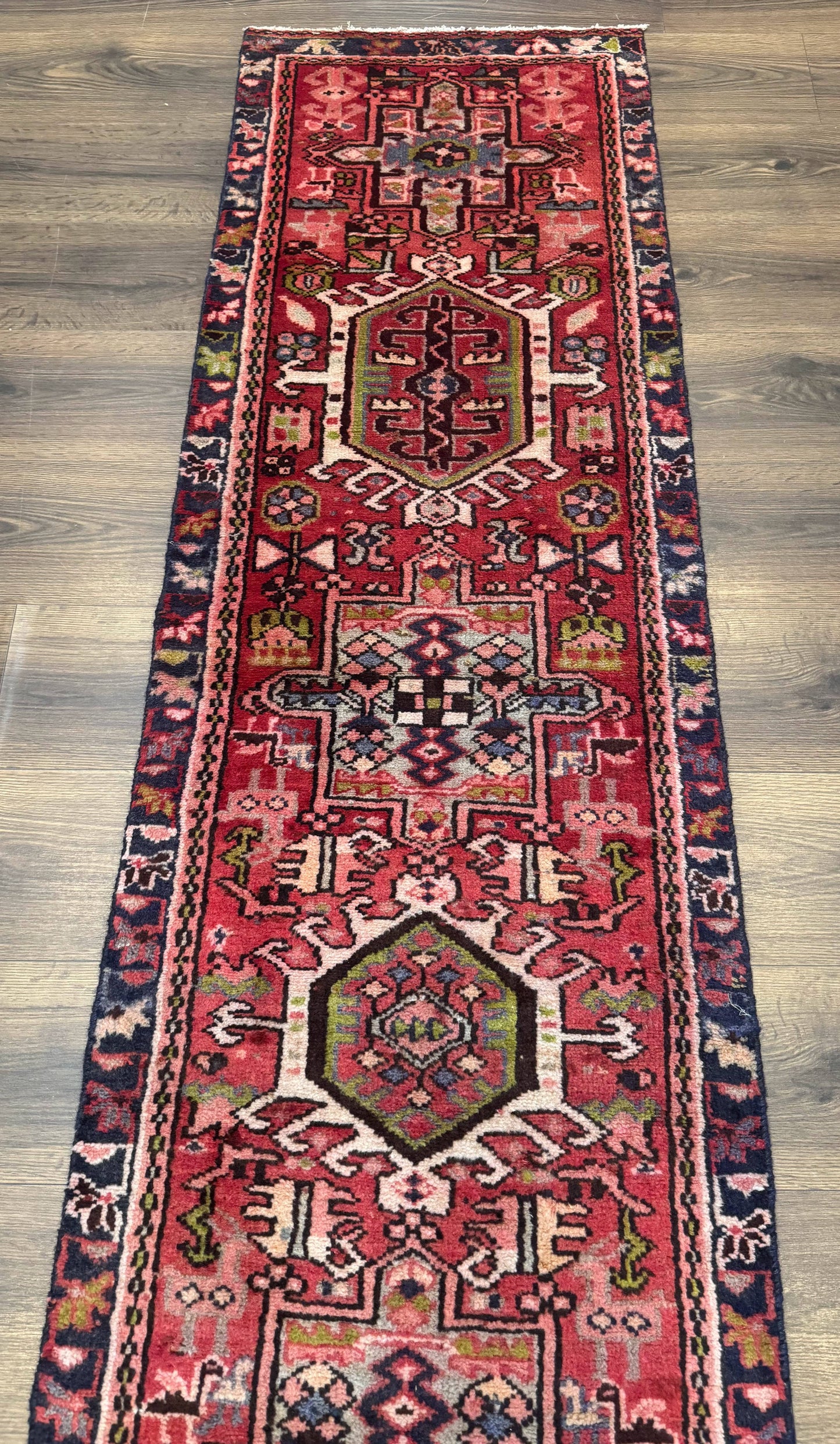 Persian Heriz Karajeh Runner Rug 2x9, Geometric Medallions, Red Navy Blue, 2 x 9 Rug for Hallway