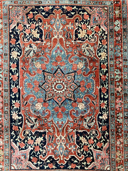 Persian Bidjar Rug 4x5 Hand Knotted Wool Carpet Red And Blue Antique