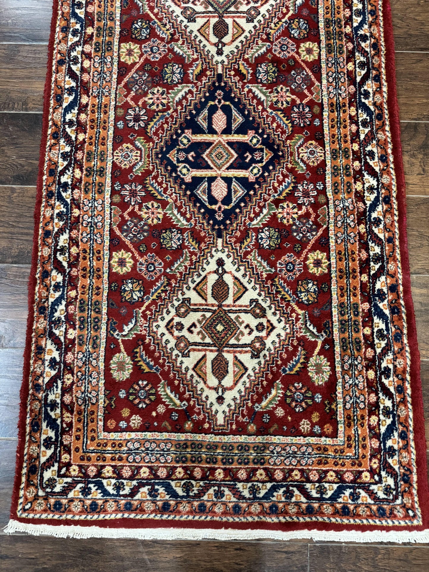 Antique Persian Qashqai Runner Rug 3 x 13 ft, Tribal Runner, Geometric Medallions, Red Ivory Blue, Wool