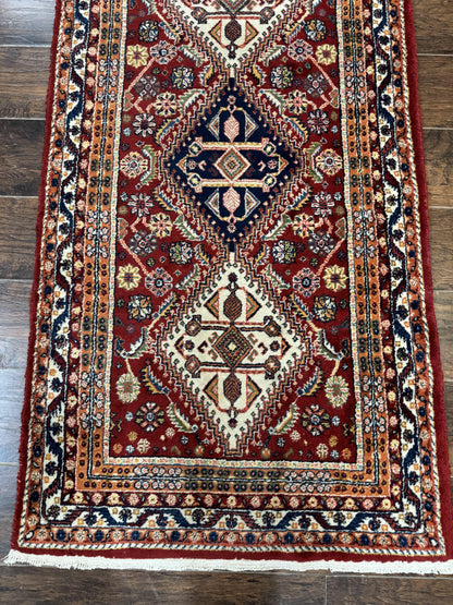 Antique Persian Qashqai Runner Rug 3 x 13 ft, Tribal Runner, Geometric Medallions, Red Ivory Blue, Wool