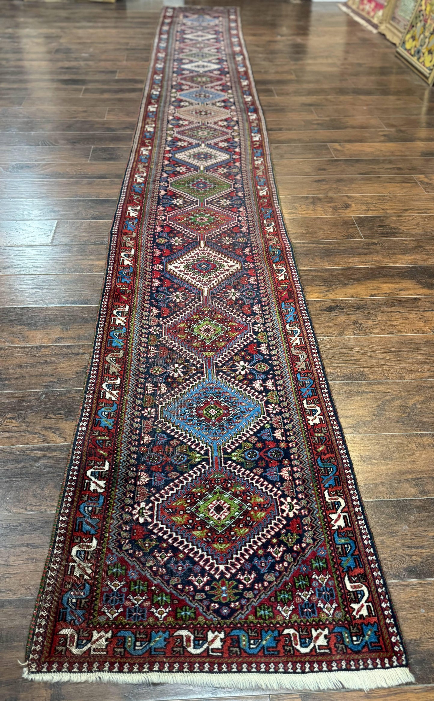 Persian Tribal Runner Rug Hand Knotted Wool Navy Blue Hallway Carpet Antique Shiraz Design