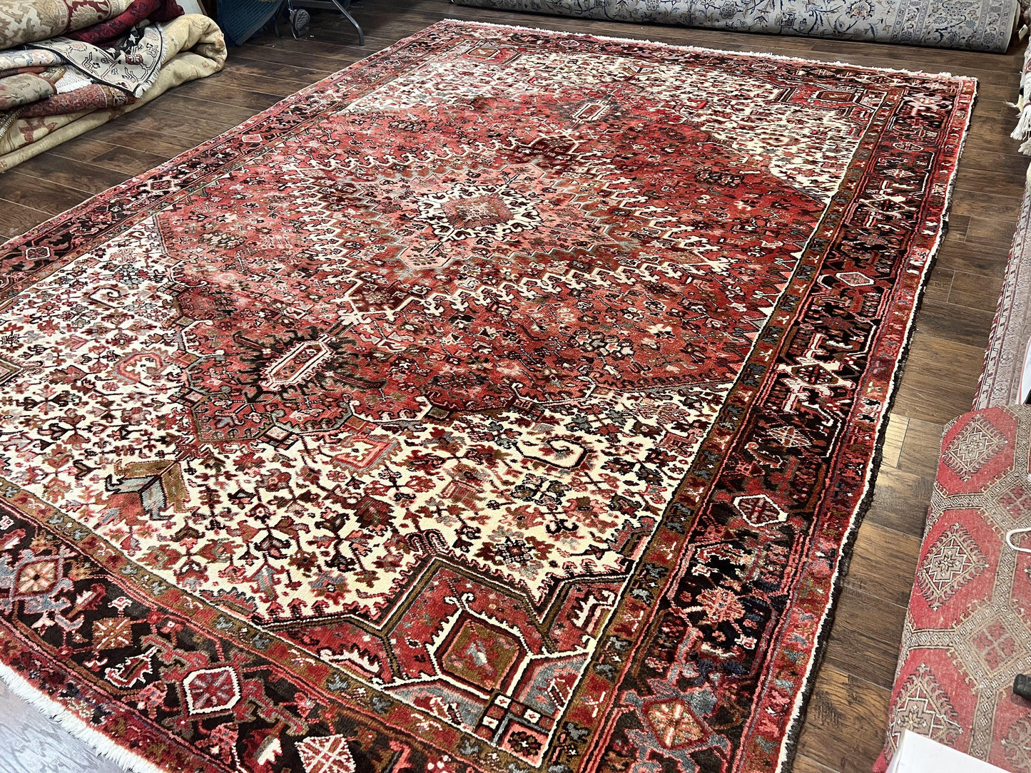 Large Persian Heriz Rug 10x13, Red and Cream Geometric Tribal Room Sized Handmade Wool Hand Knotted Semi Antique Decorative Oriental Carpet