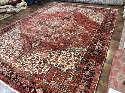 Large Persian Heriz Rug 10x13, Red and Cream Geometric Tribal Room Sized Handmade Wool Hand Knotted Semi Antique Decorative Oriental Carpet